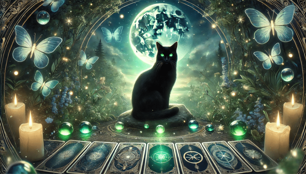 Mystical black cat, a witch’s familiar, with glowing green eyes sitting among tarot cards in a moonlit forest. Ethereal butterflies and fireflies enhance the magical, spiritual atmosphere, evoking divination, goddess wisdom, witchcraft, and esoteric energy.