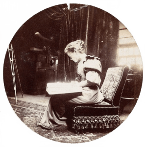 vintage photo of a woman with a book open on her lap. a magical grimoire that seems to be glowing with sacred wisdom
